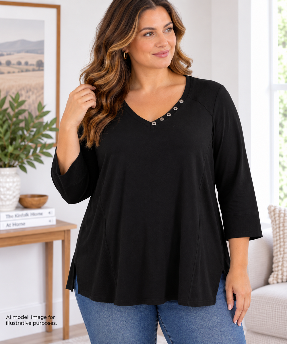 Chicos Zenergy 3 Tunic Womens XL Black V Neck Ribbed Trim 3/4 Sleeve Top TAGS
